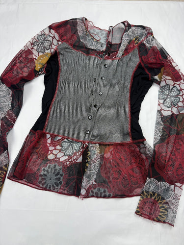 Grey & burgundy bi fabric mesh long sleeves top (S/M)