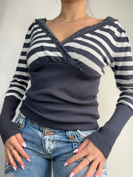 White & navy striped lace tight fit jumper (M/L)