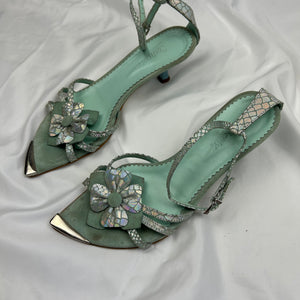 Blue 100% leather kitten heels summer sandals (37)