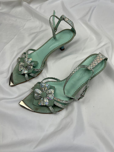 Blue 100% leather kitten heels summer sandals (37)