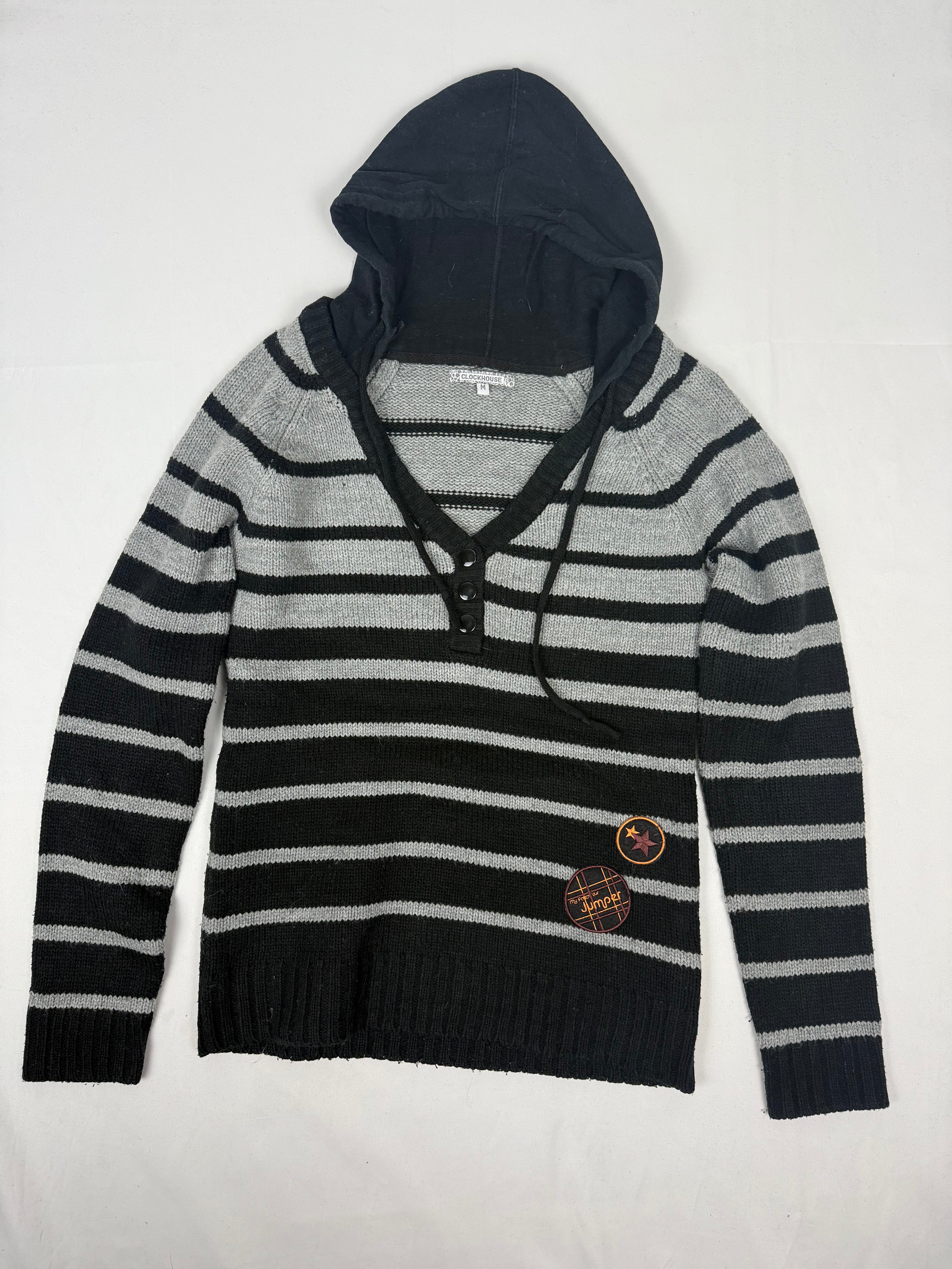 Black & grey striped hooded jumper (M)