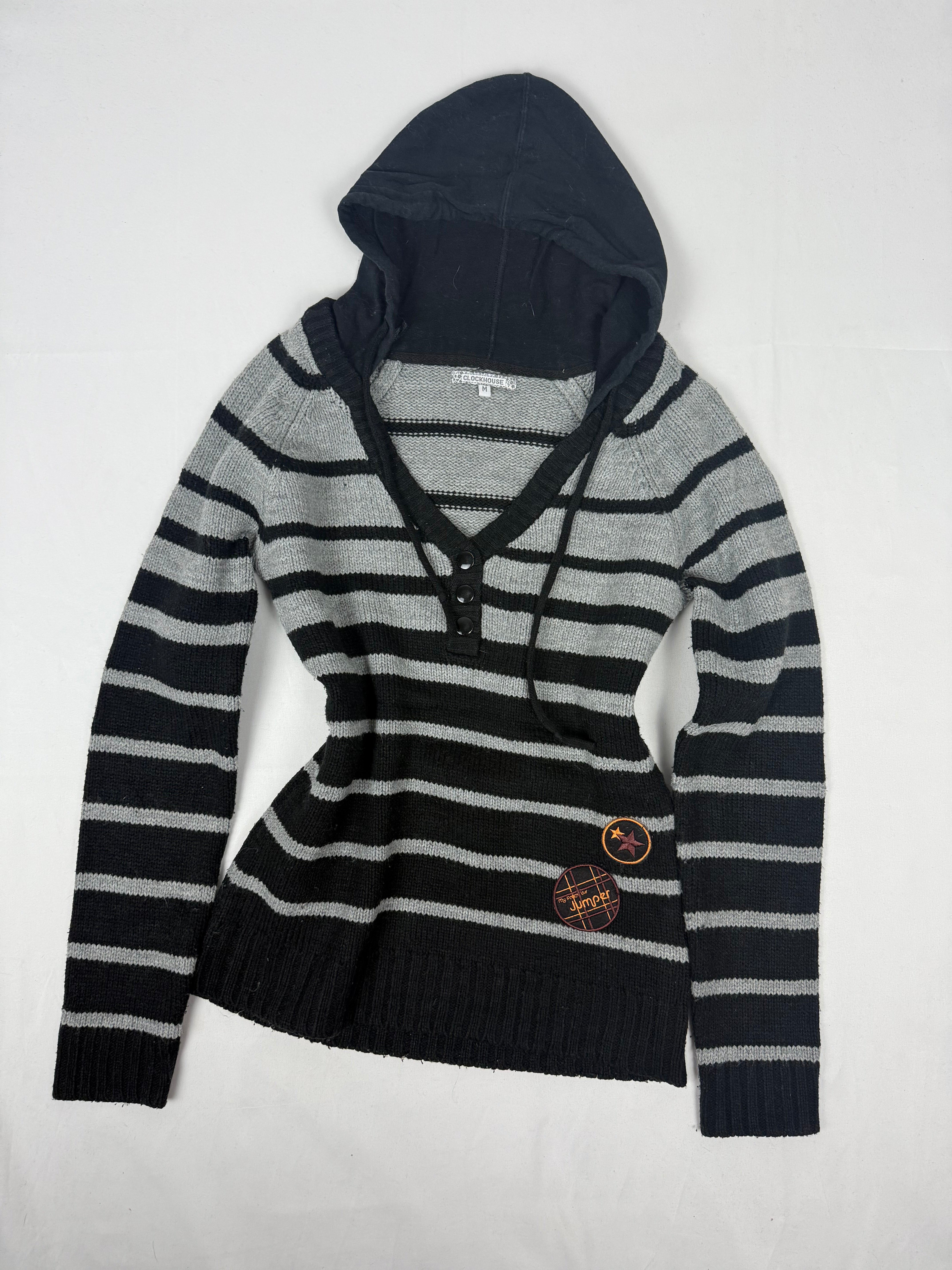 Black & grey striped hooded jumper (M)
