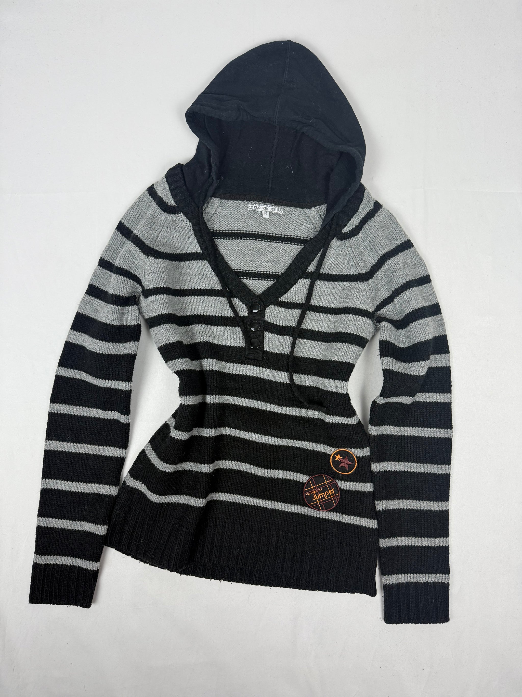 Black & grey striped hooded jumper (M)