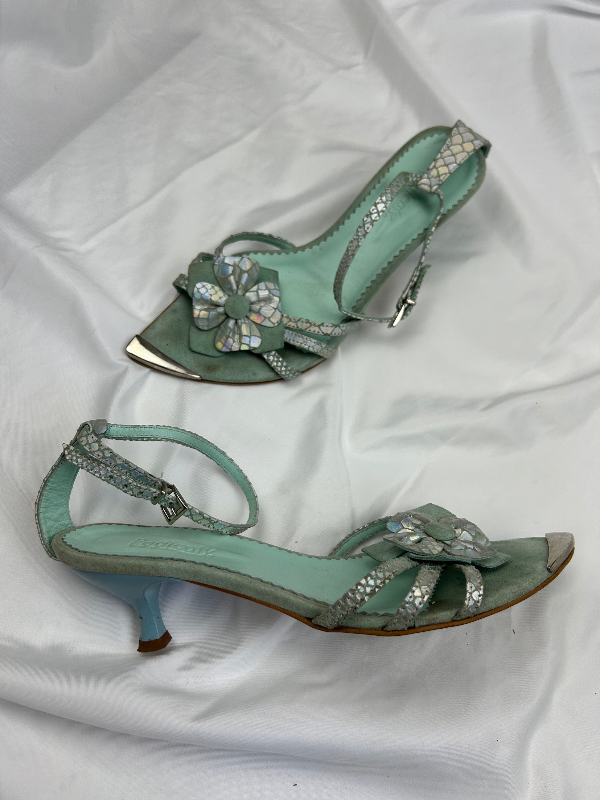 Blue 100% leather kitten heels summer sandals (37)