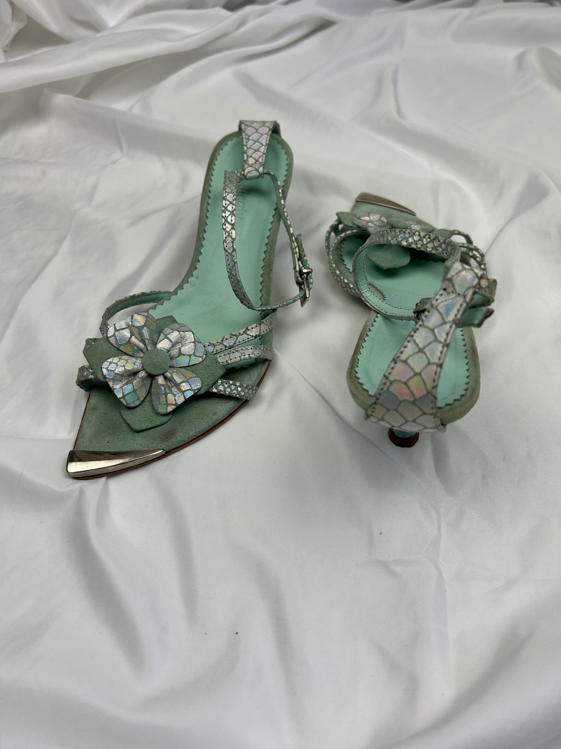 Blue 100% leather kitten heels summer sandals (37)