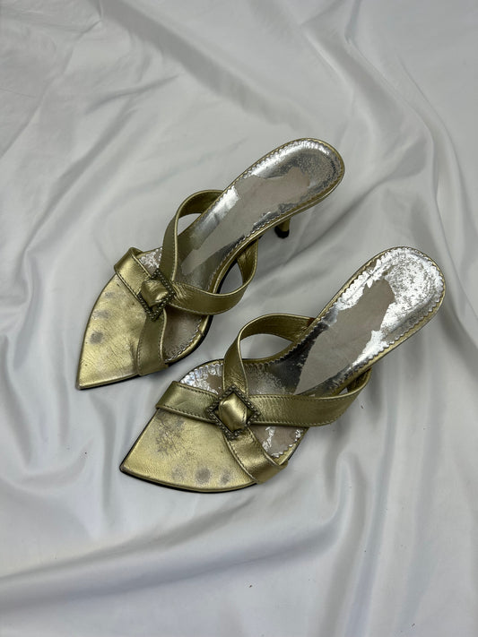 Gold 100% leather kitten heels summer mules (37)