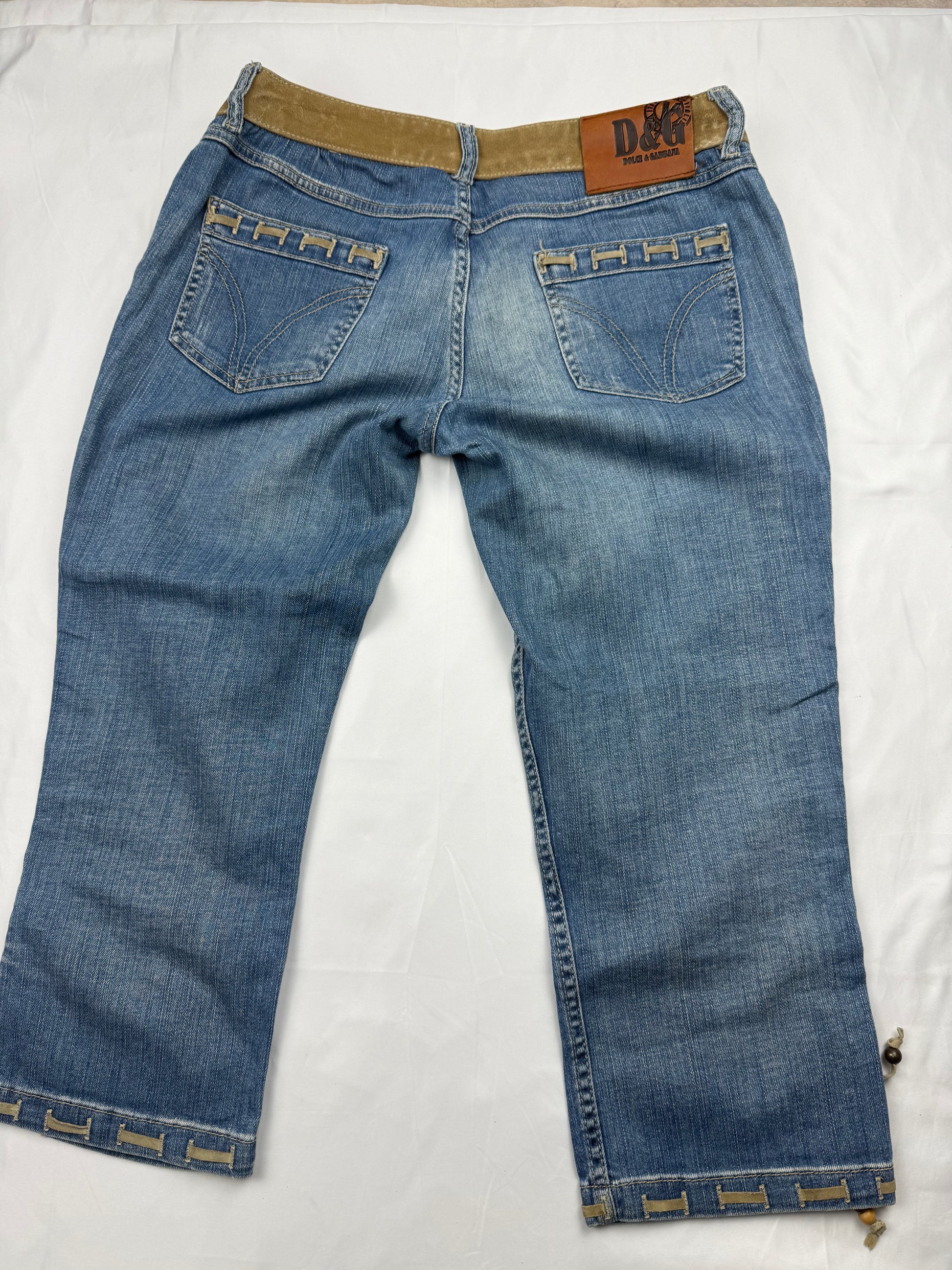 Blue denim lace up low rise capri pants (S/M)