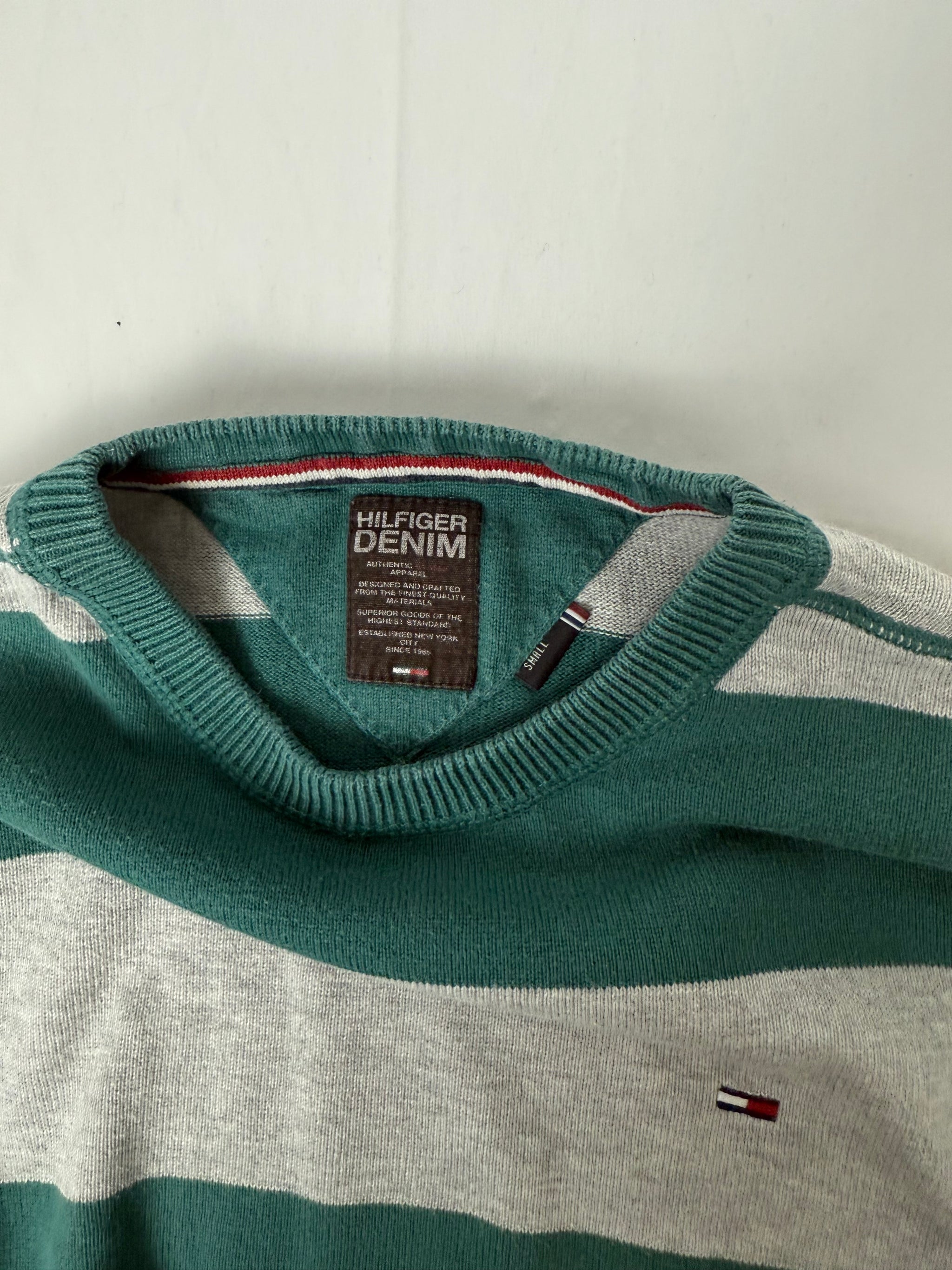 Green & grey striped roundneck cotton jumper (S/M)