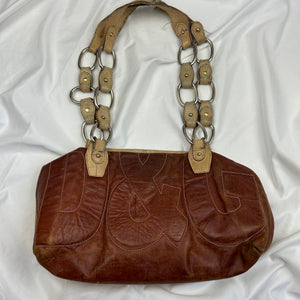 Brown real leather logo shoulder bag