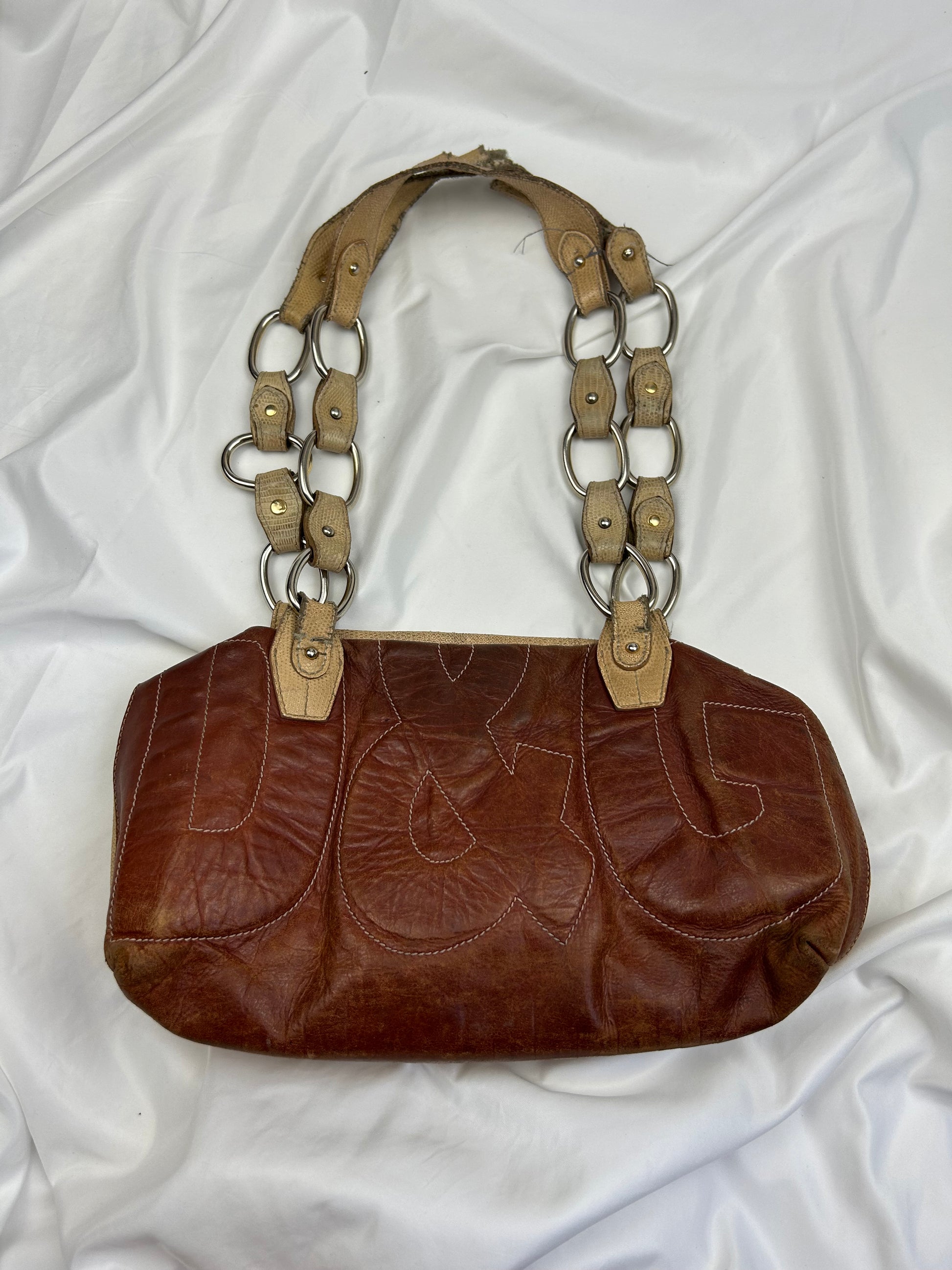 Brown real leather logo shoulder bag