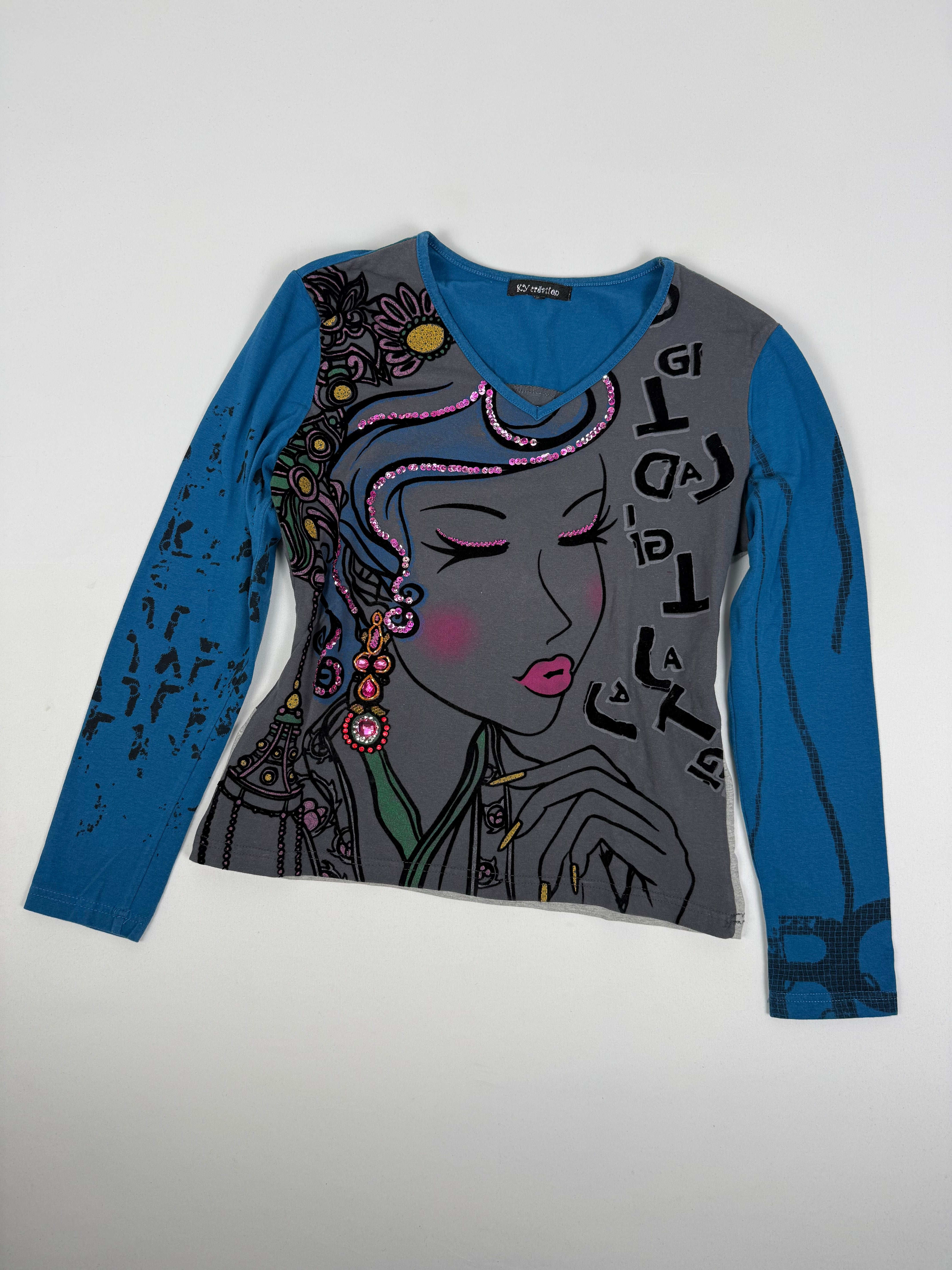 Blue graphic long sleeves top (L)