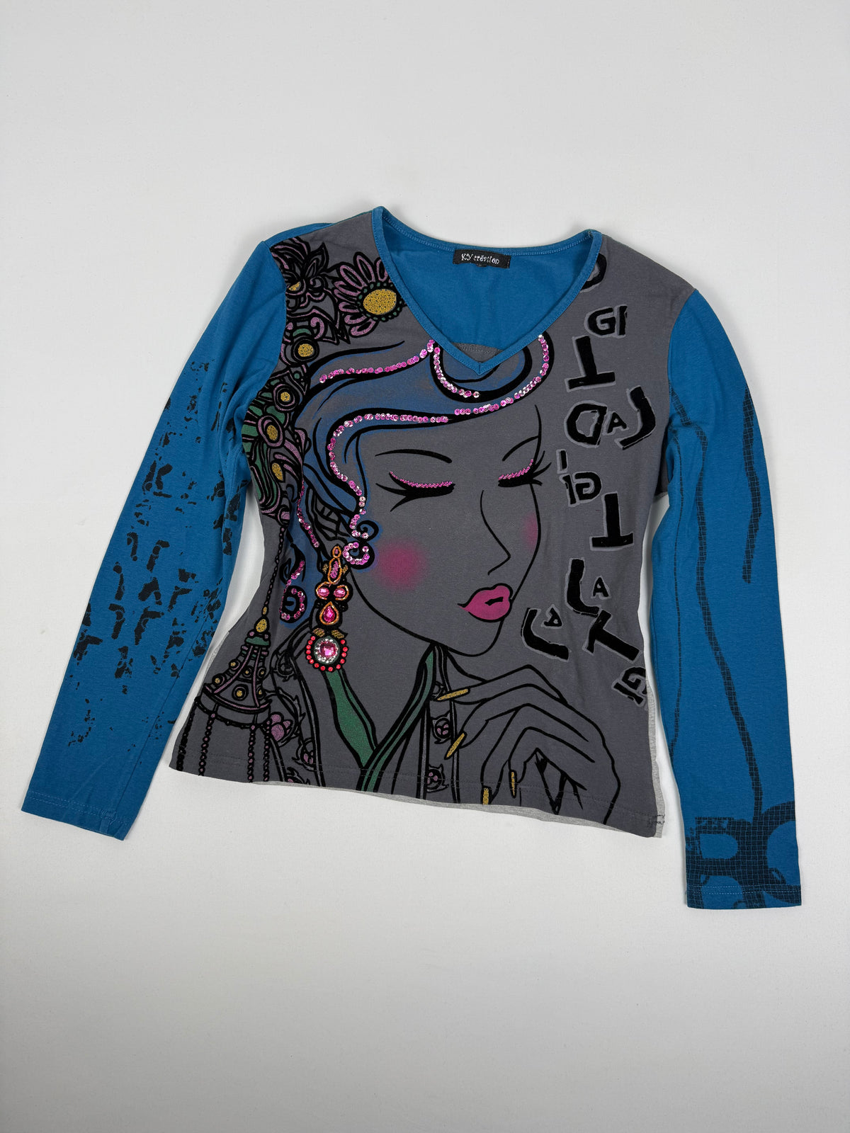 Blue graphic long sleeves top (L)