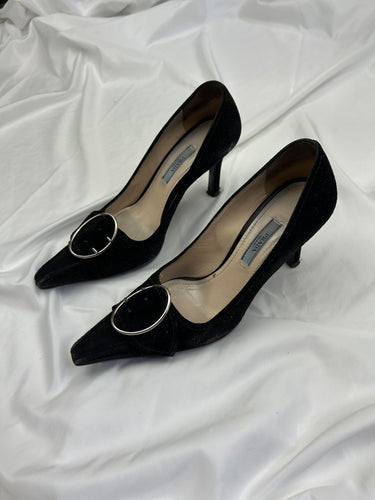 Black suede leather pointed toes buckles heels (36)