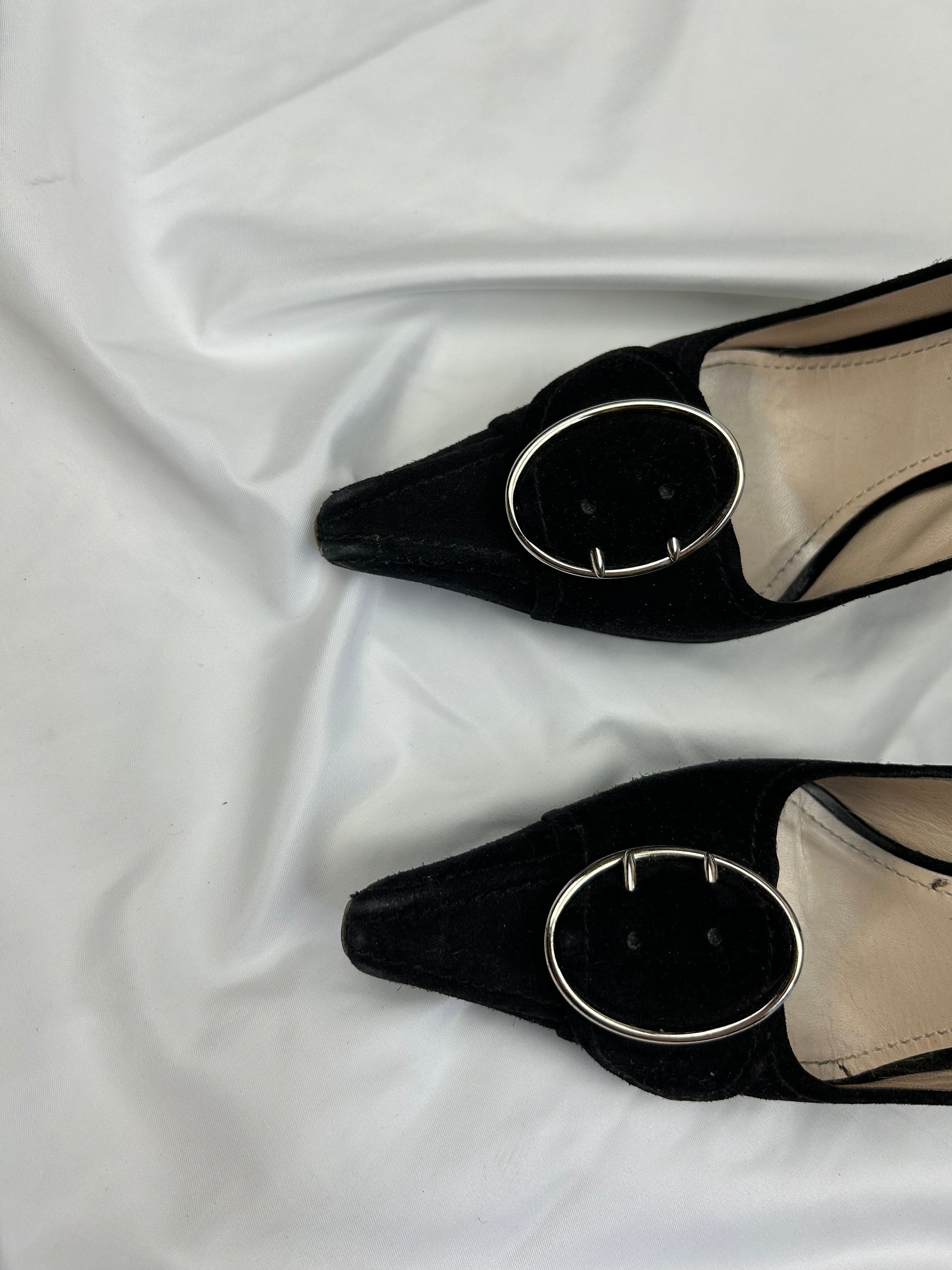 Black suede leather pointed toes buckles heels (36)