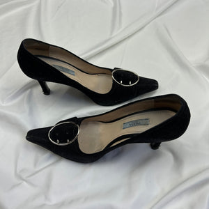 Black suede leather pointed toes buckles heels (36)