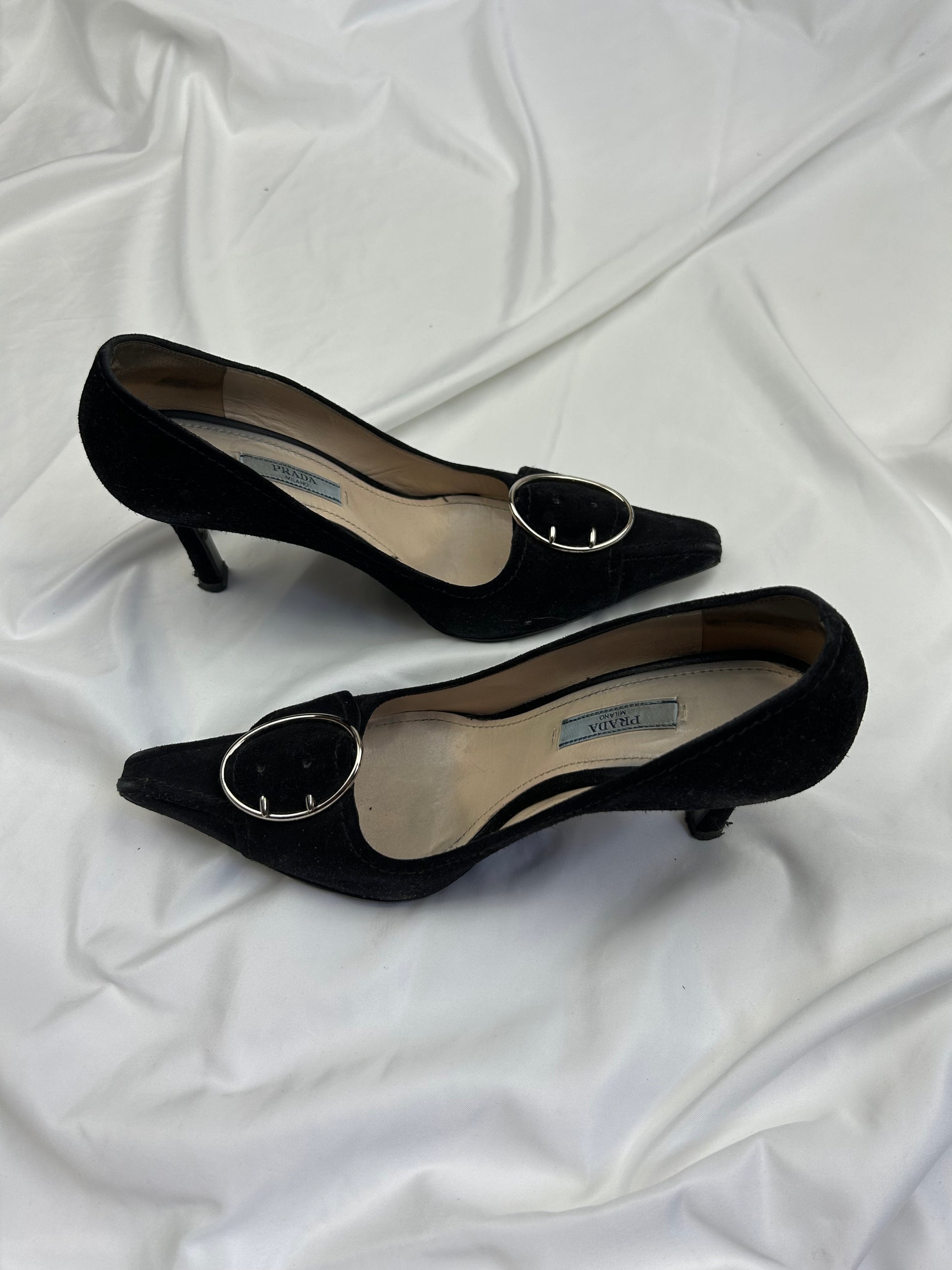 Black suede leather pointed toes buckles heels (36)