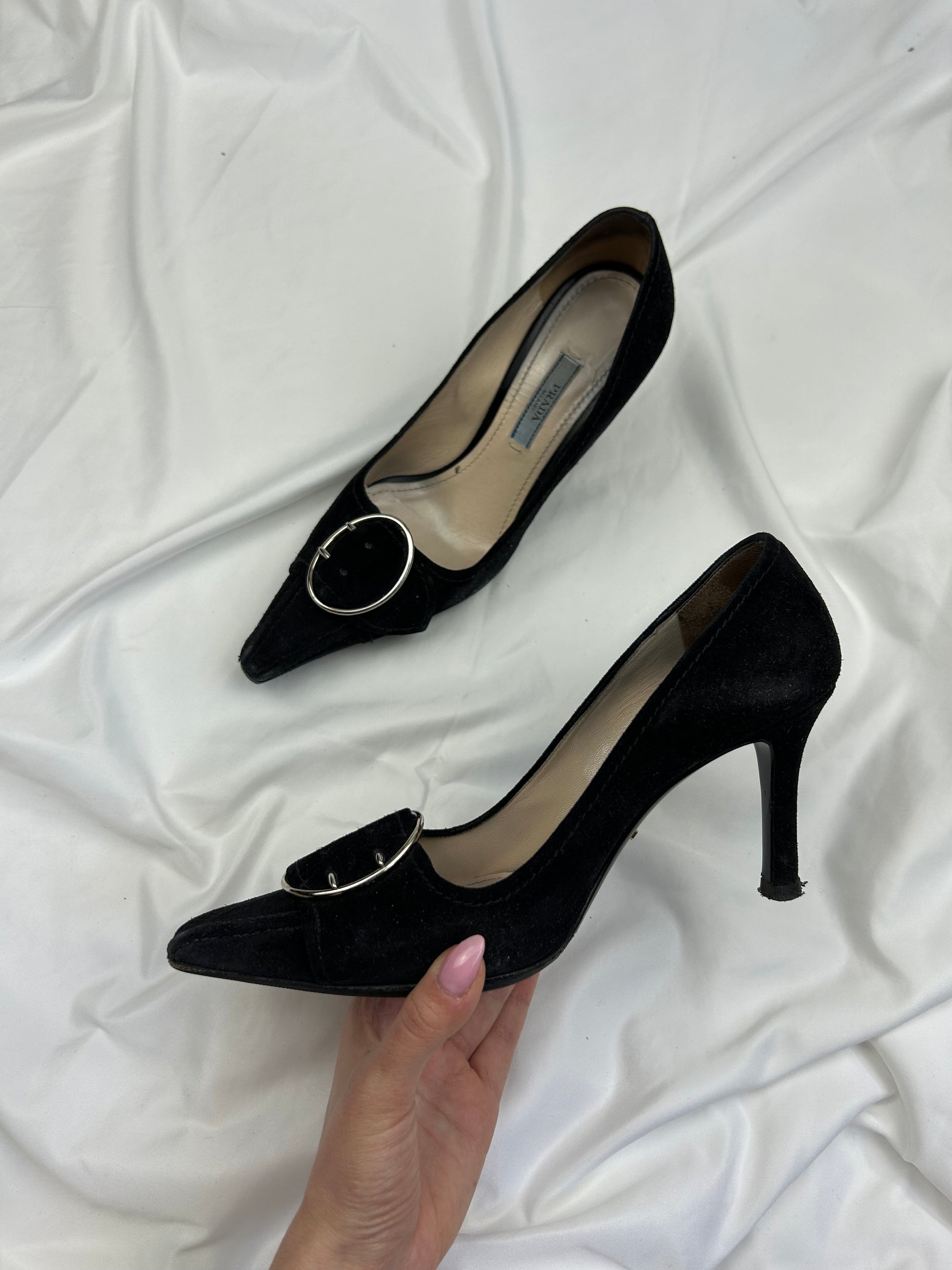 Black suede leather pointed toes buckles heels (36)