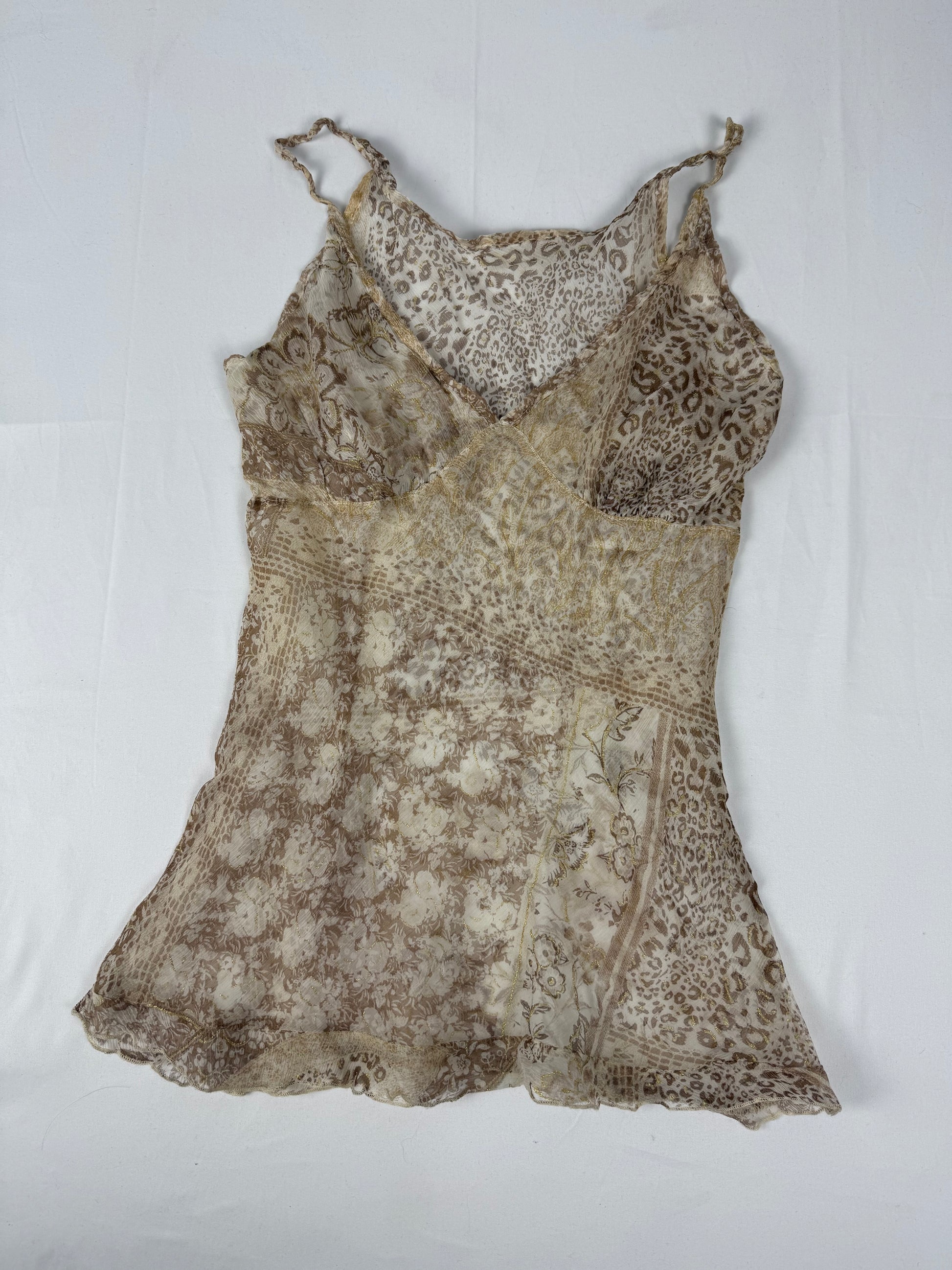 Beige graphic real silk mesh asymmetric top (M)