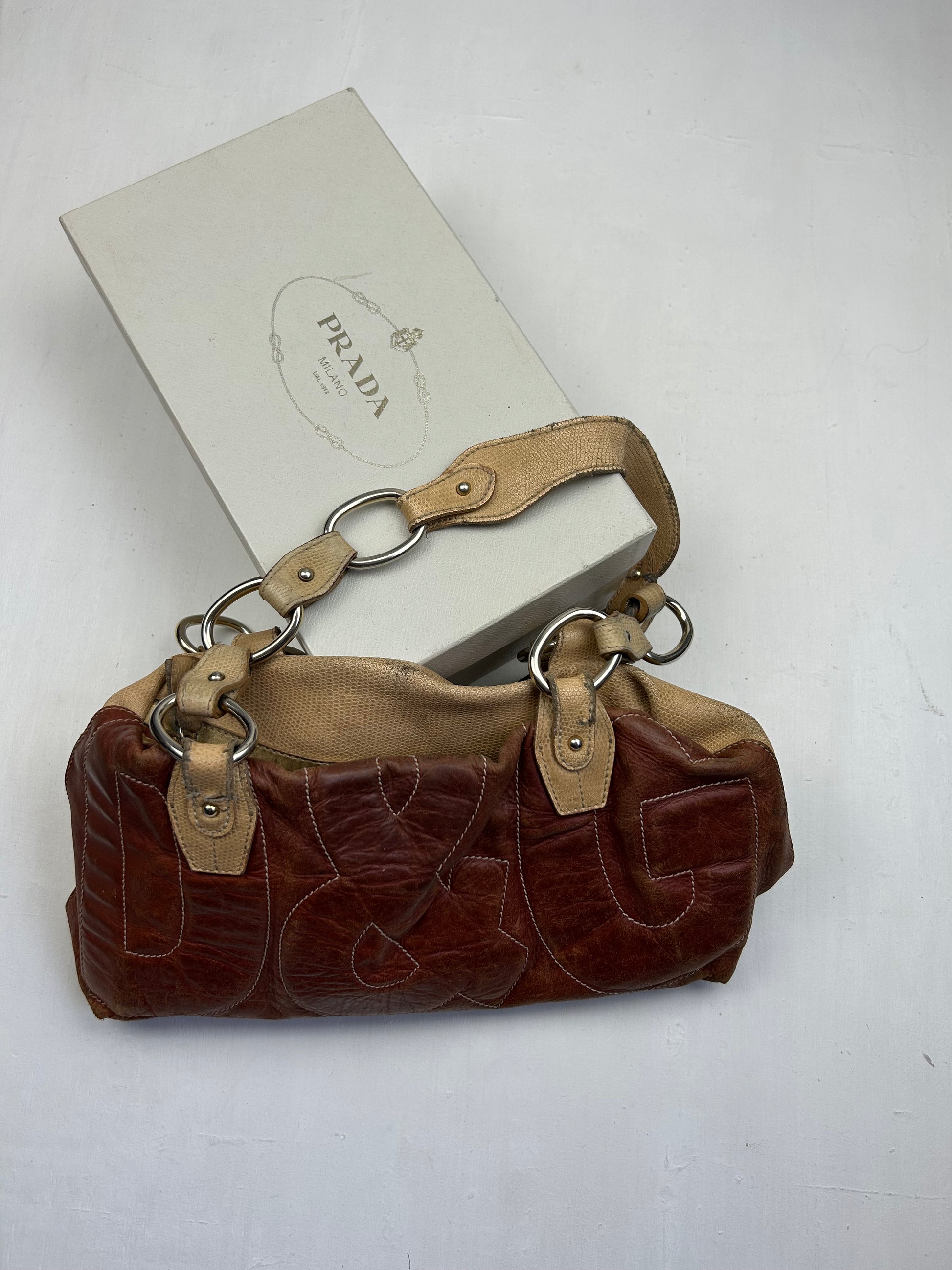 Brown real leather logo shoulder bag