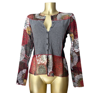 Grey & burgundy bi fabric mesh long sleeves top (S/M)