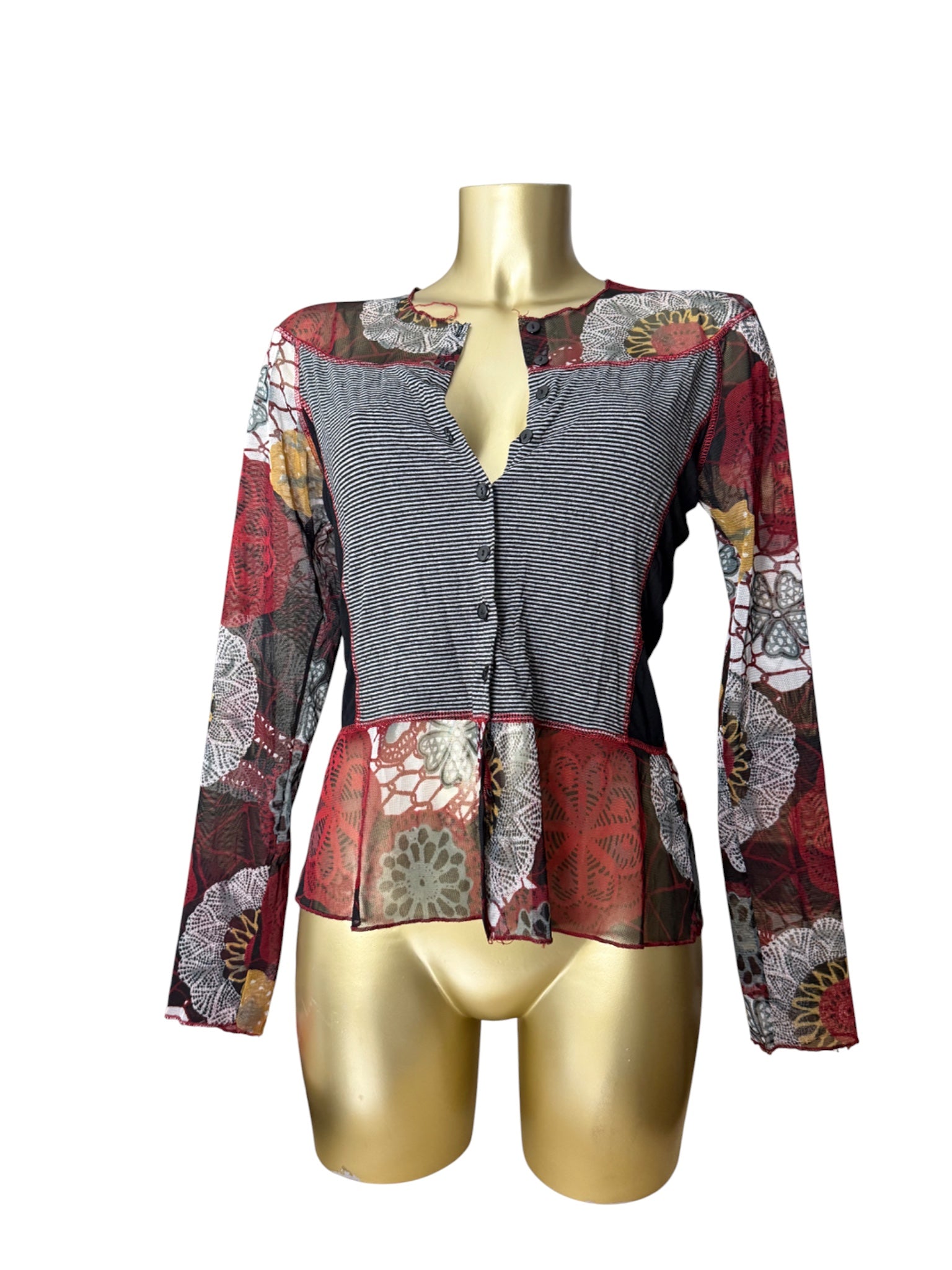 Grey & burgundy bi fabric mesh long sleeves top (S/M)