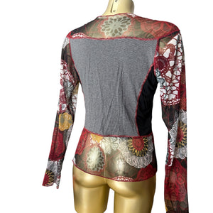 Grey & burgundy bi fabric mesh long sleeves top (S/M)