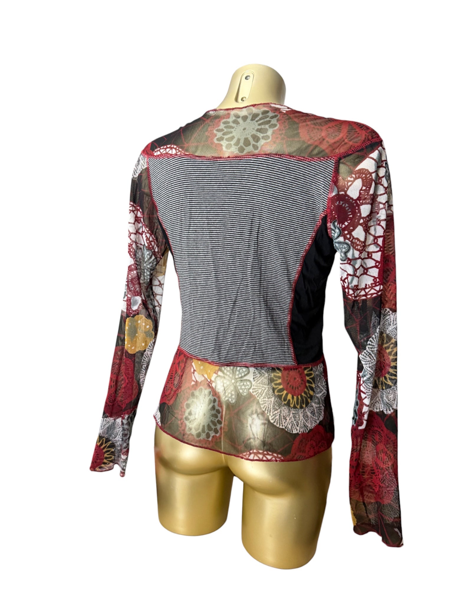 Grey & burgundy bi fabric mesh long sleeves top (S/M)