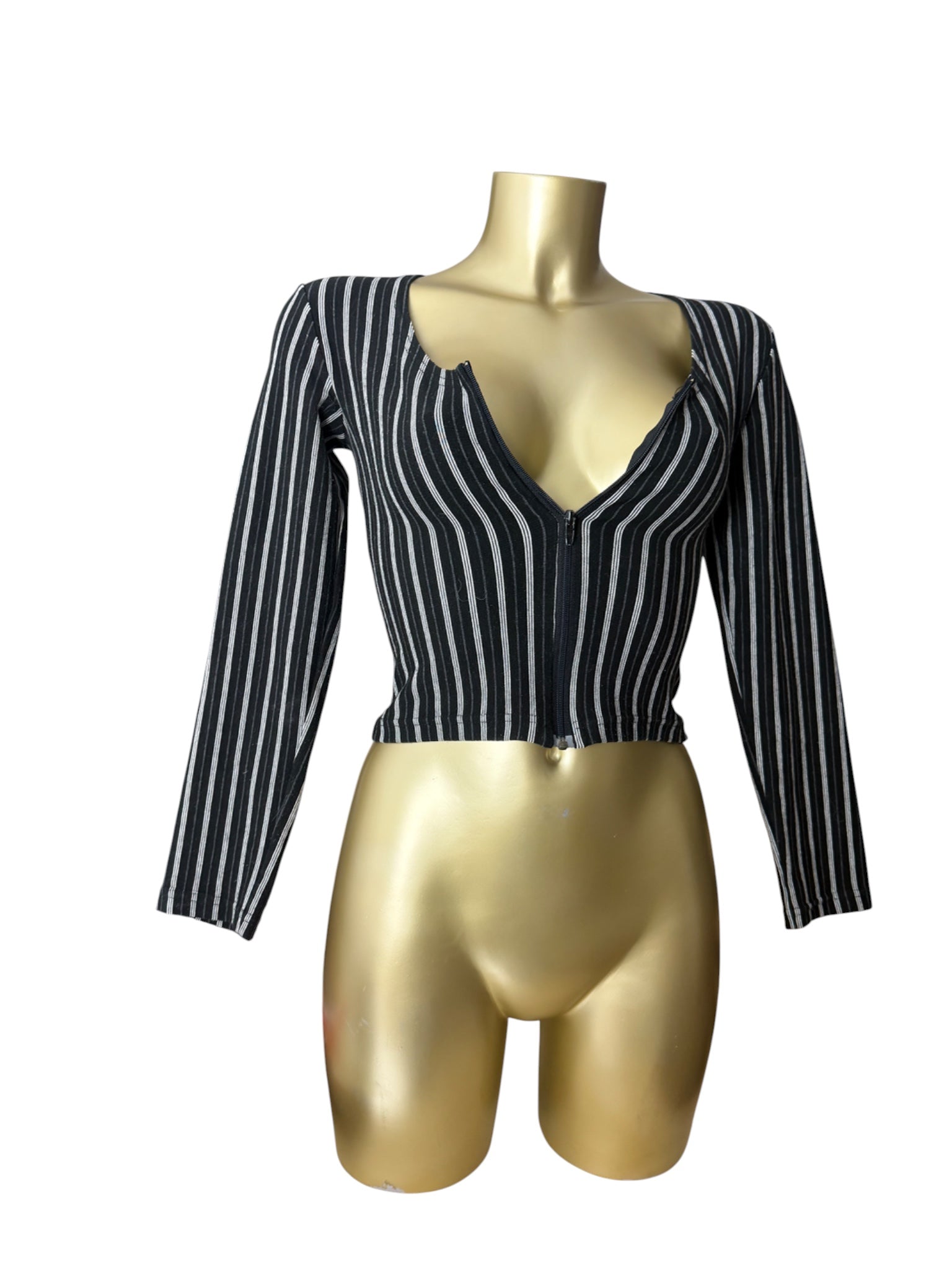 Black striped zip up long sleeves top (S/M)