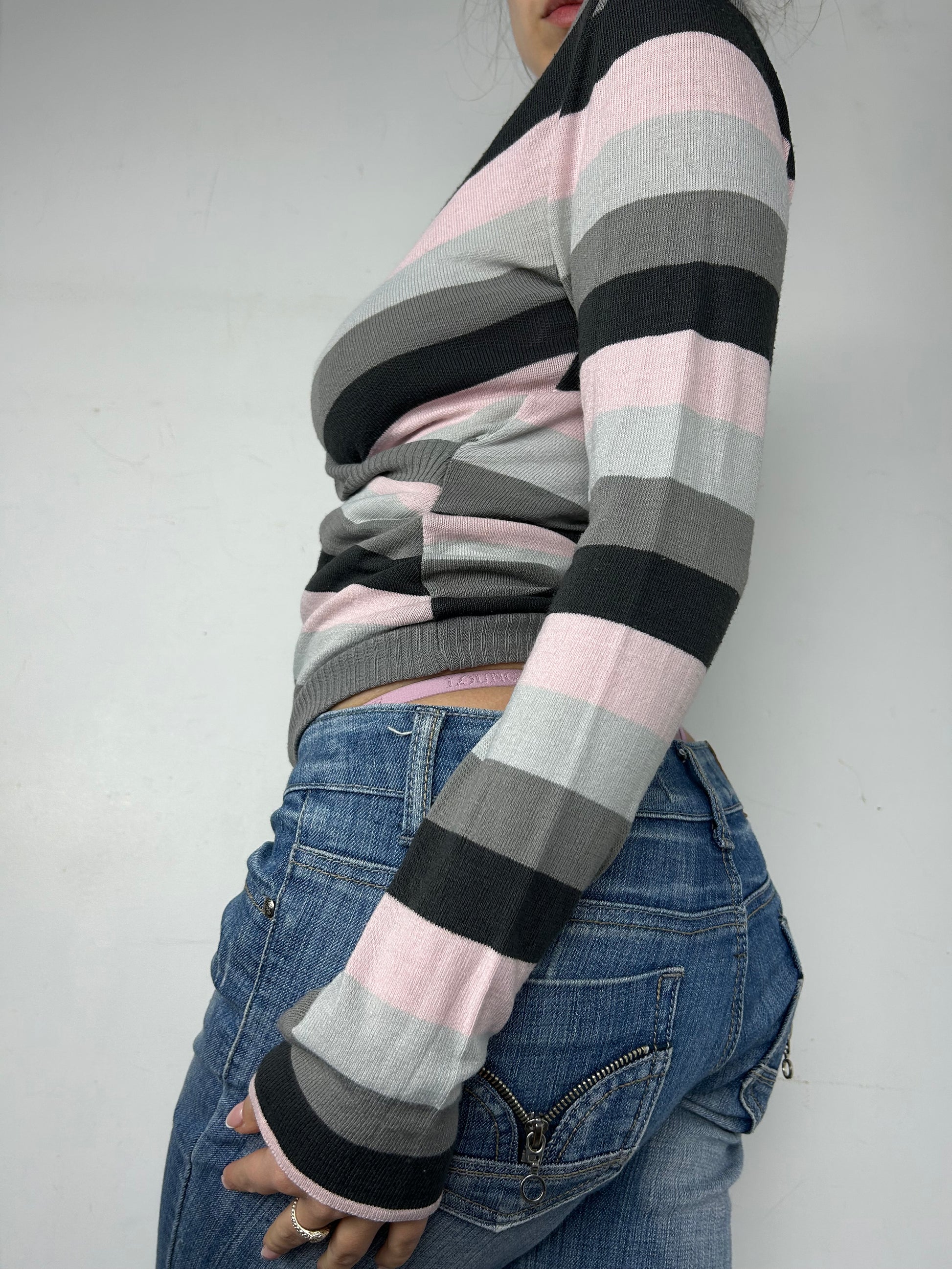 Grey striped wrap around jumper (S/M)
