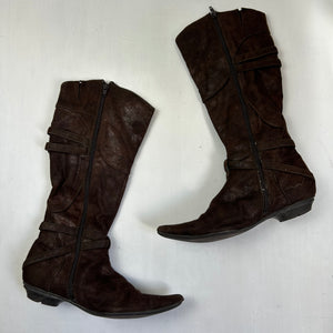 Brown  knee high suede leather buckles pointed toes boots (37)
