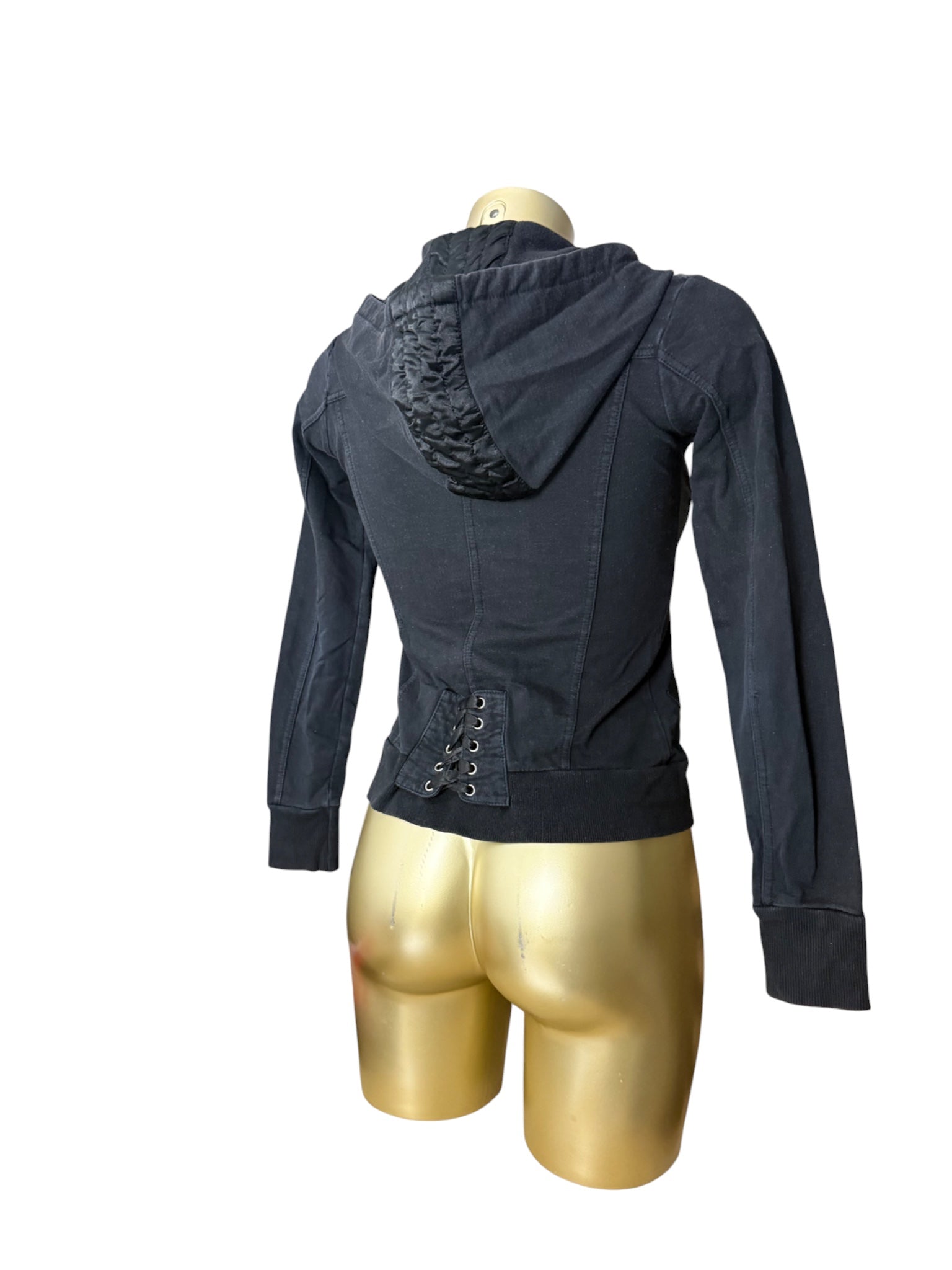 Black lace up tight fit zip up hoodie (S)