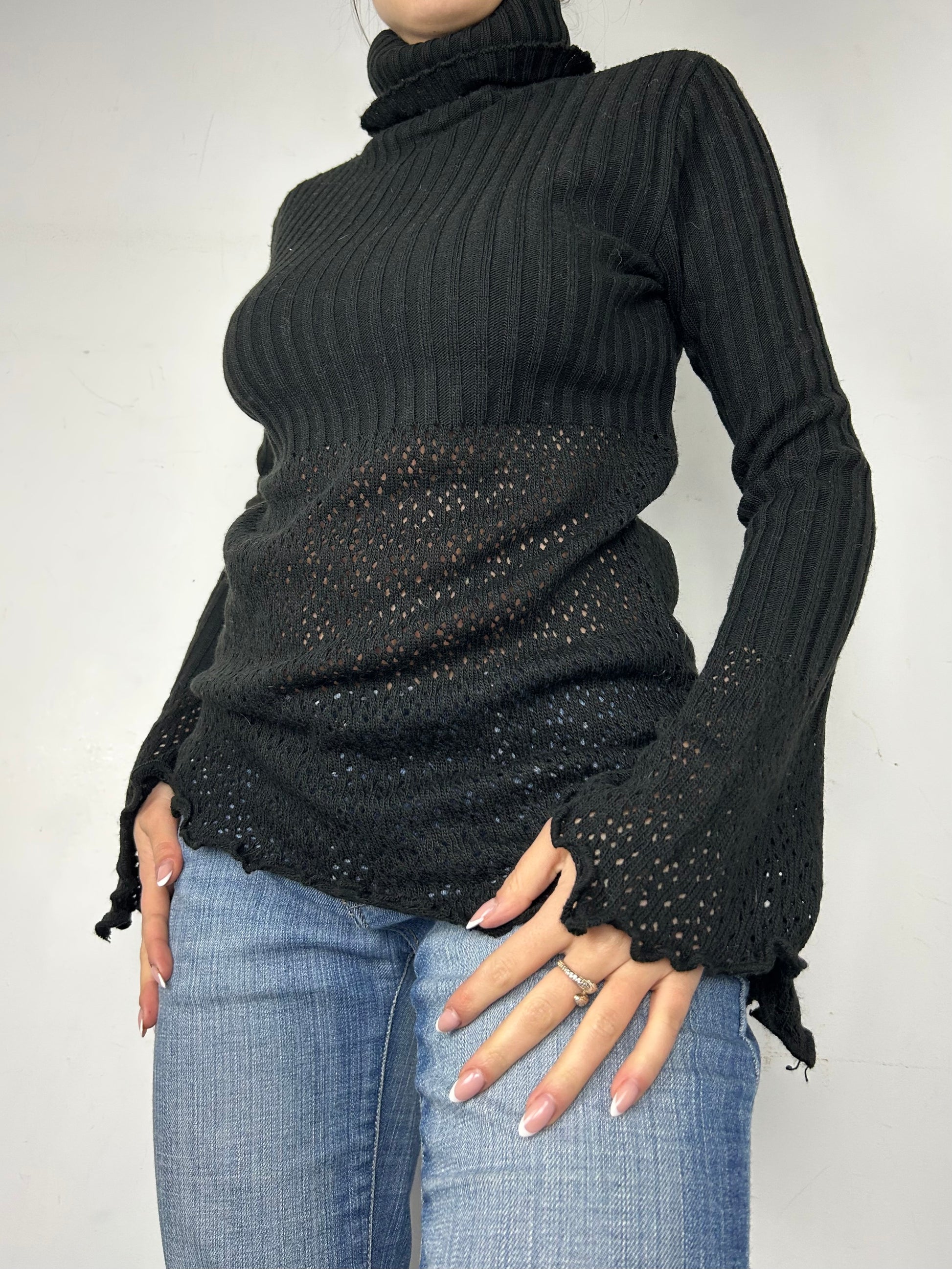 Black asymmetric crochet turtleneck  jumper (M)