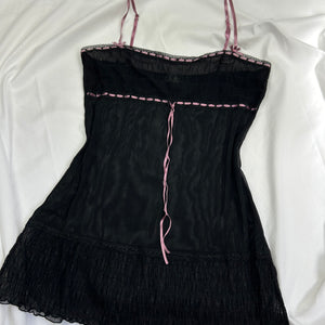 Black tie up mesh & pink bow cami top (M)