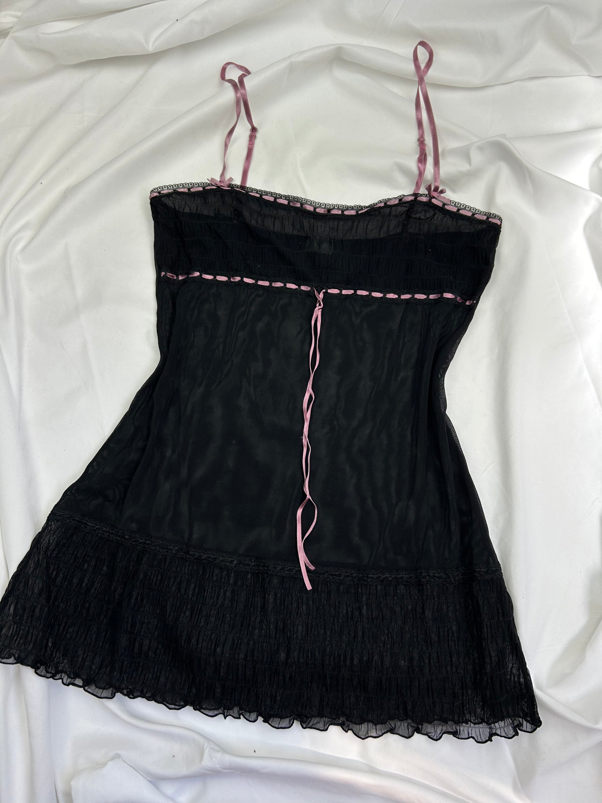 Black tie up mesh & pink bow cami top (M)