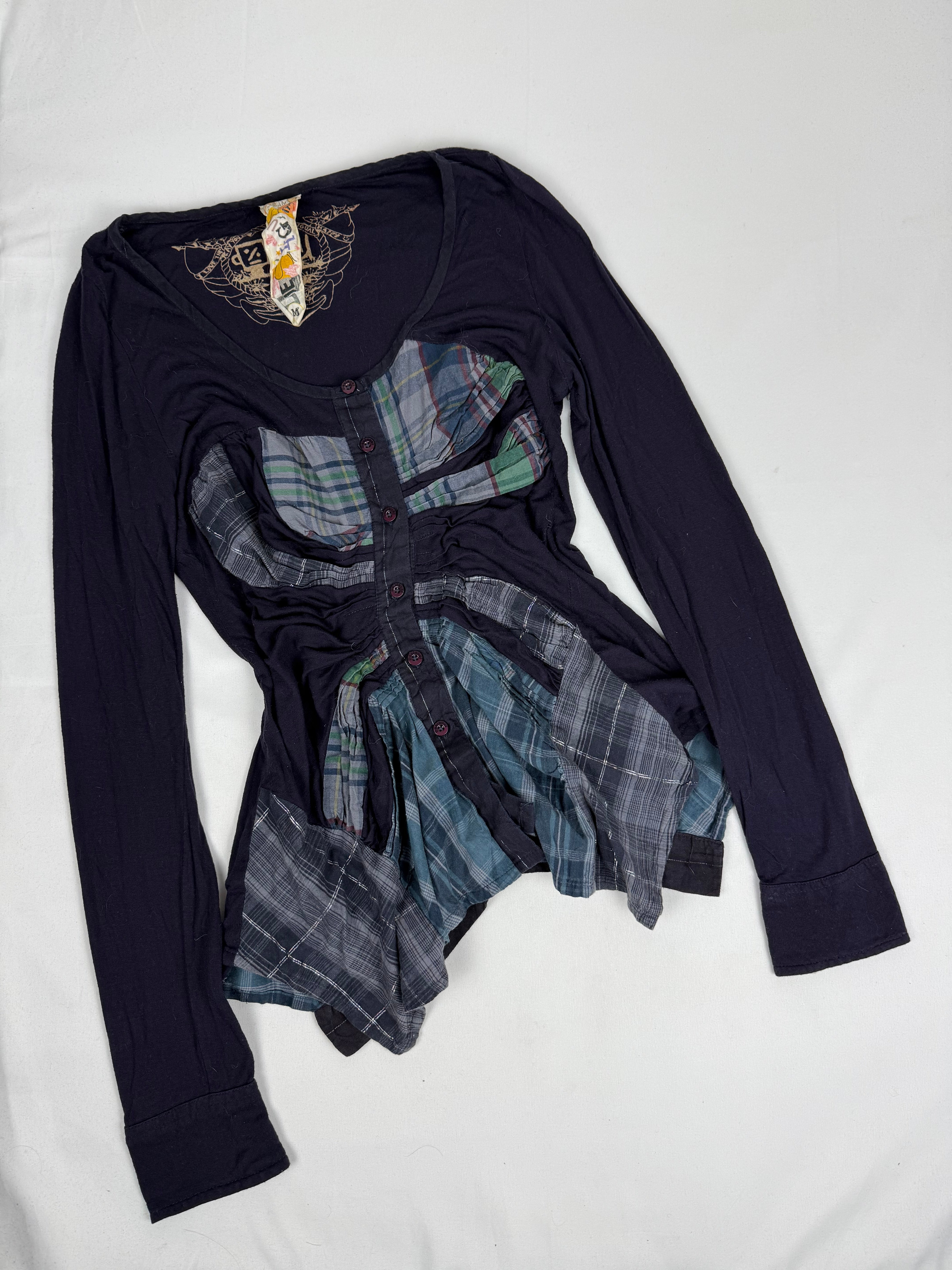 Navy check print asymmetric long sleeves top (M/L)