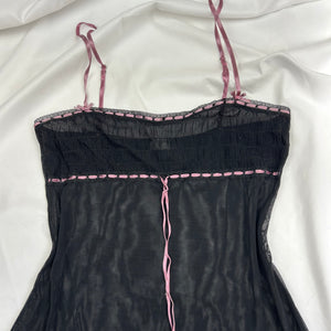 Black tie up mesh & pink bow cami top (M)