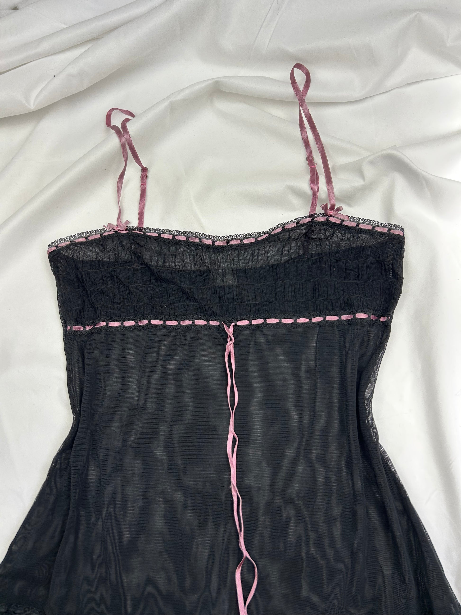 Black tie up mesh & pink bow cami top (M)
