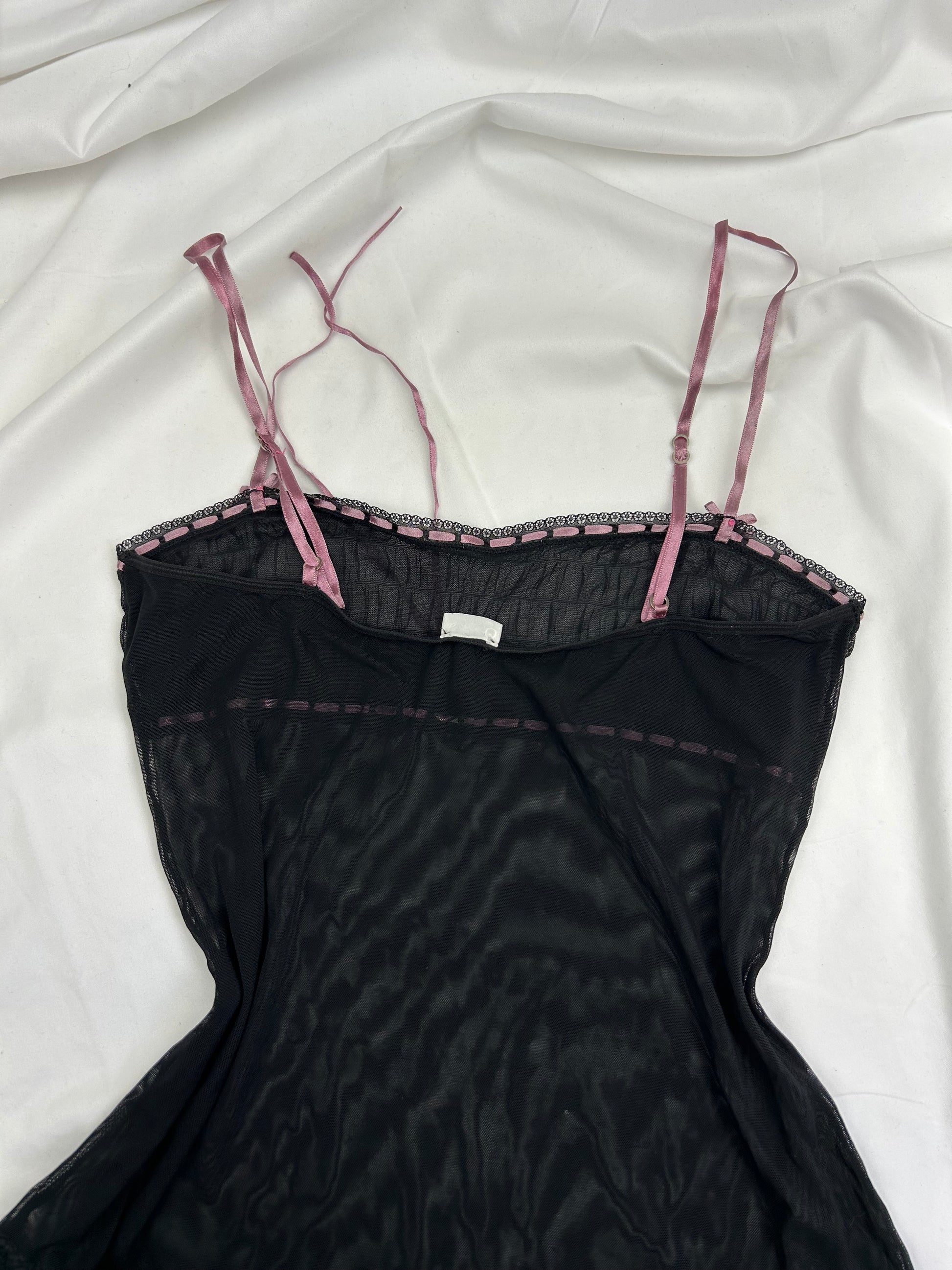 Black tie up mesh & pink bow cami top (M)