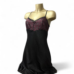 Black floral satin babydoll mini dress (M)