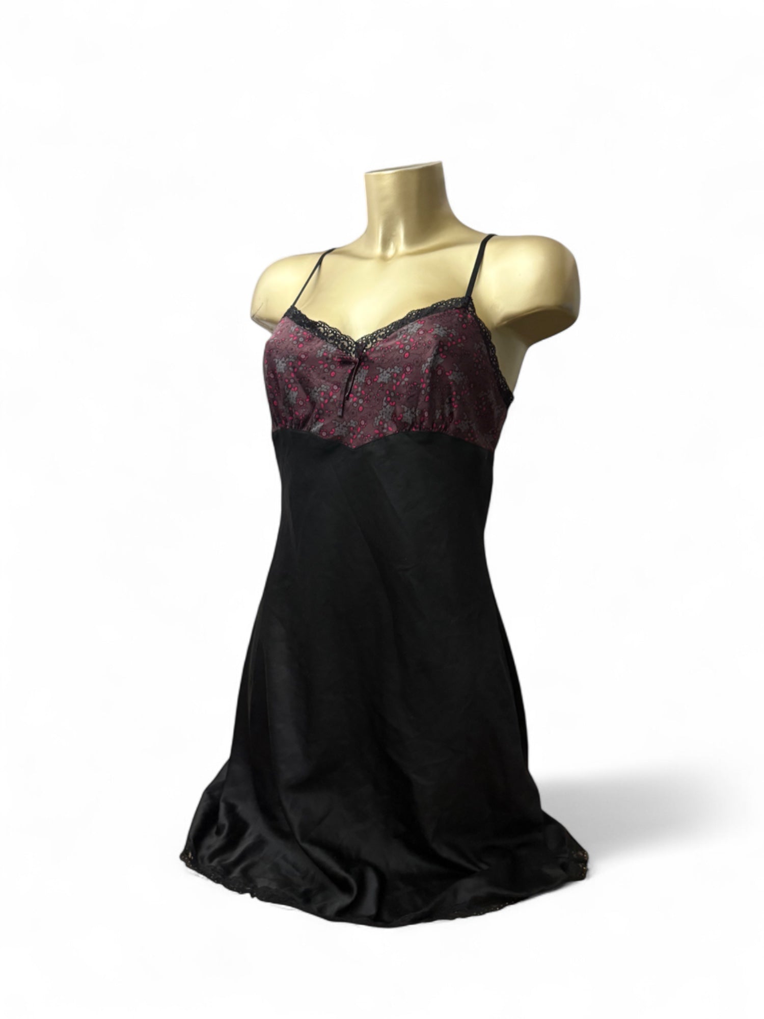 Black floral satin babydoll mini dress (M)