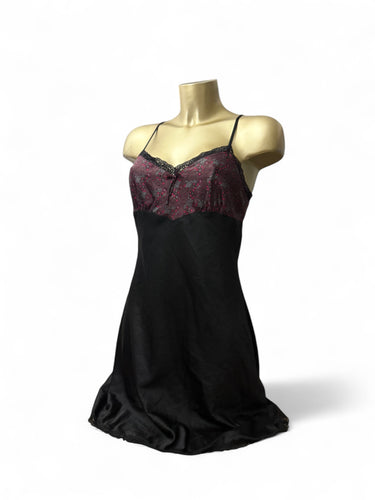 Black floral satin babydoll mini dress (M)