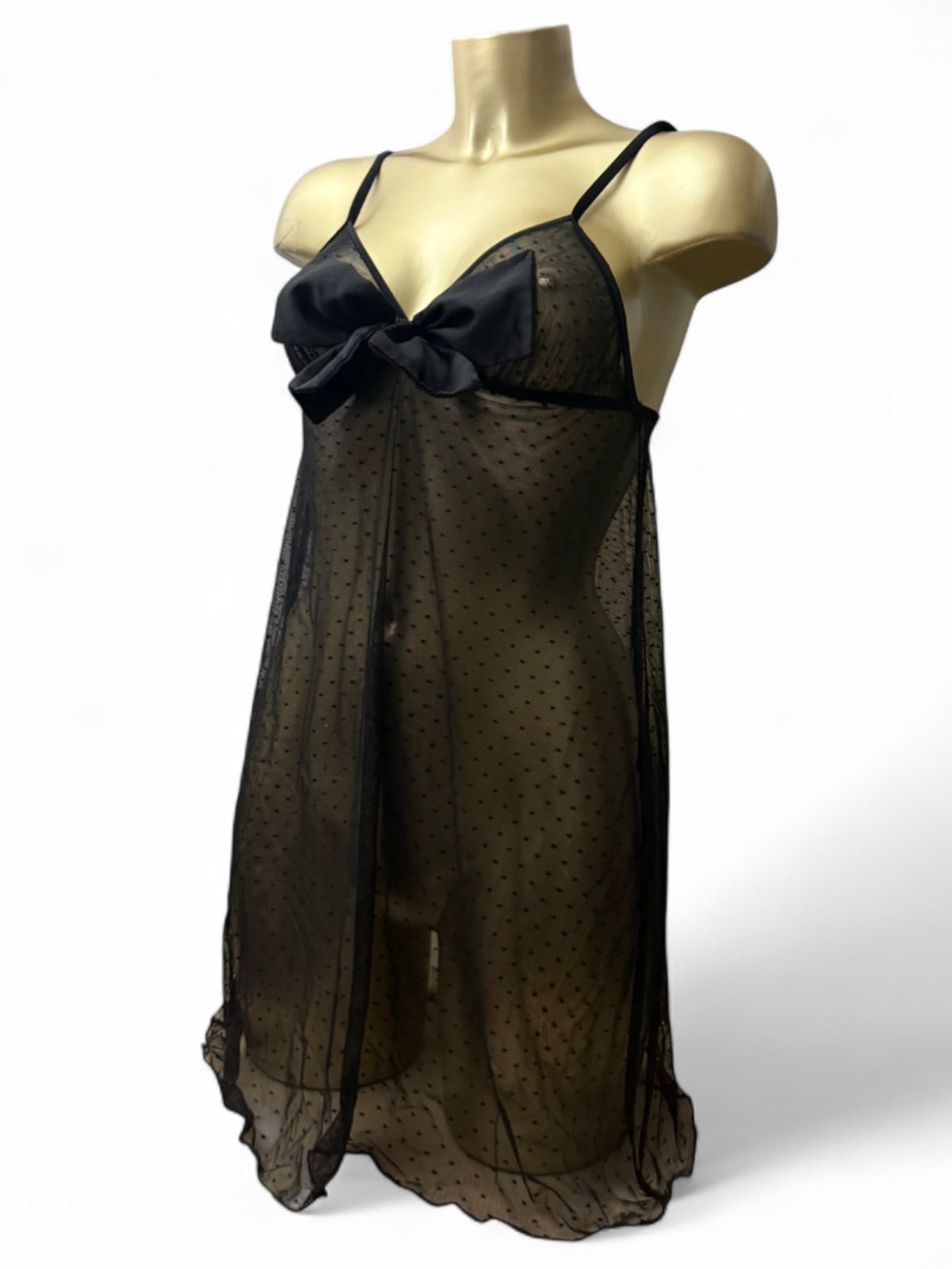 Black mesh bow polka dots babydoll cami top / mini dress (S/M)