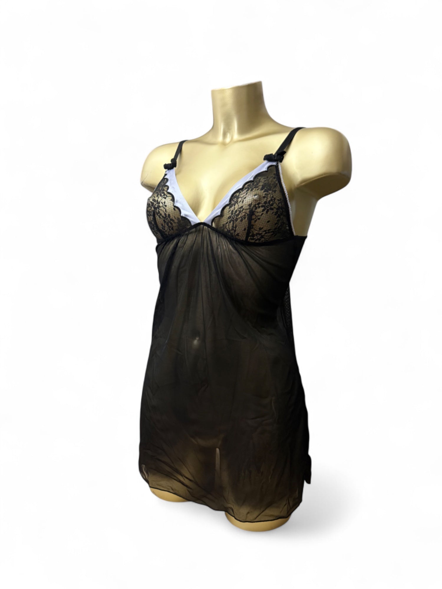 Black lycra & mesh babydoll mini dress (S)