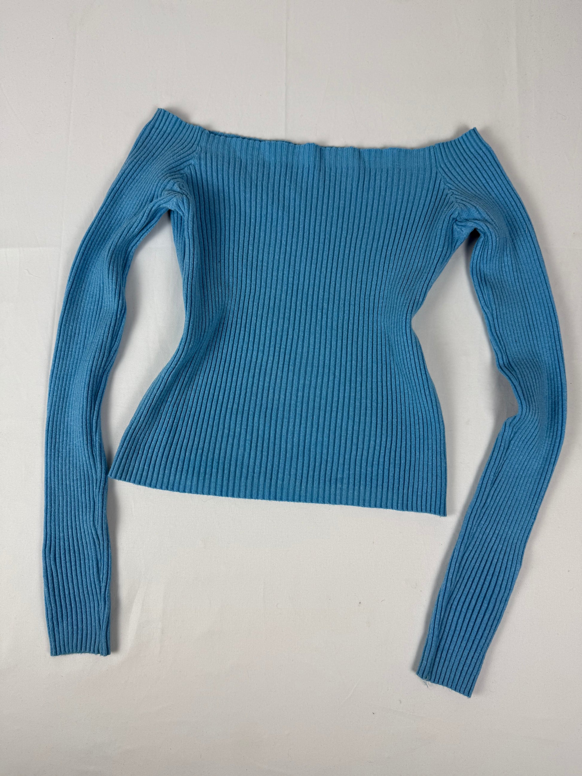 Blue ribbed off shoulders tight fit jumper (S/M)