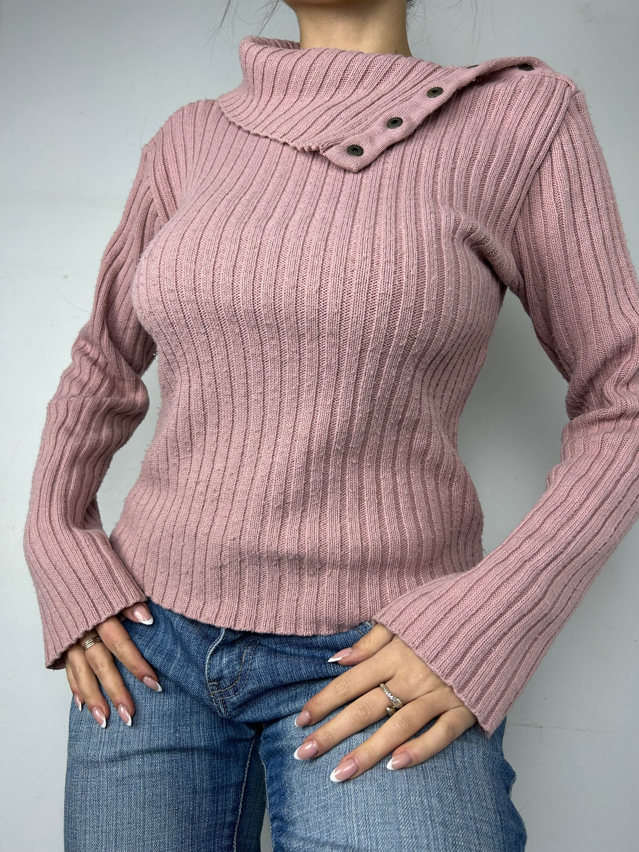 Pink turtleneck ribbed jumper (M)