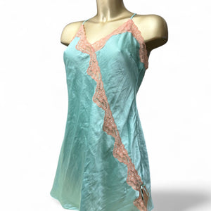 Blue silky & lace babydoll mini dress (M)