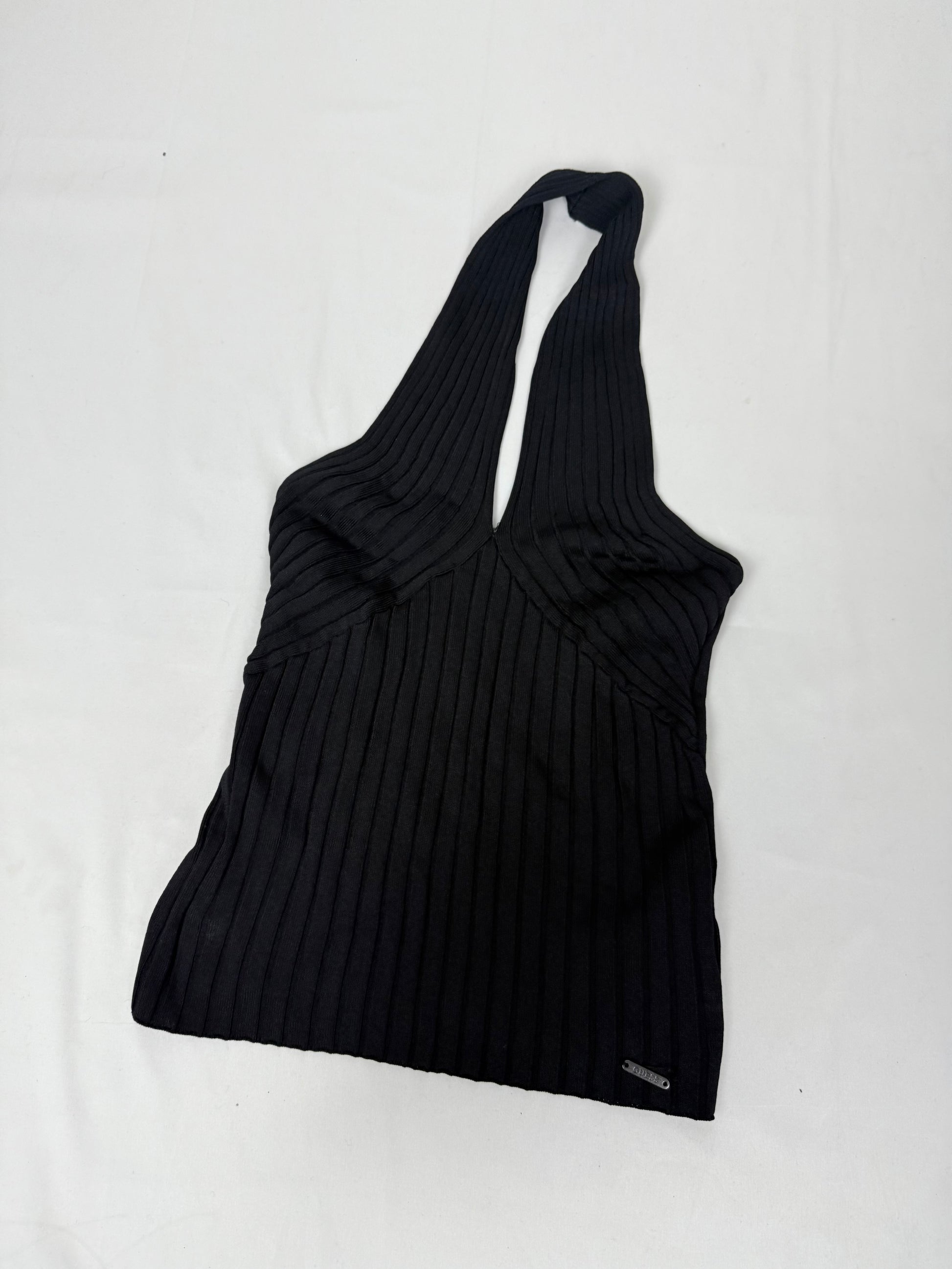 Black ribbed backless halter top (M)