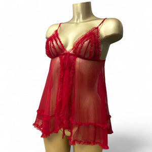 Red mesh open front babydoll top (S)
