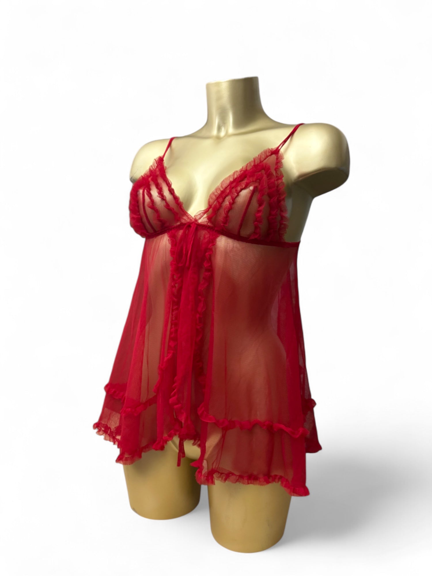 Red mesh open front babydoll top (S)