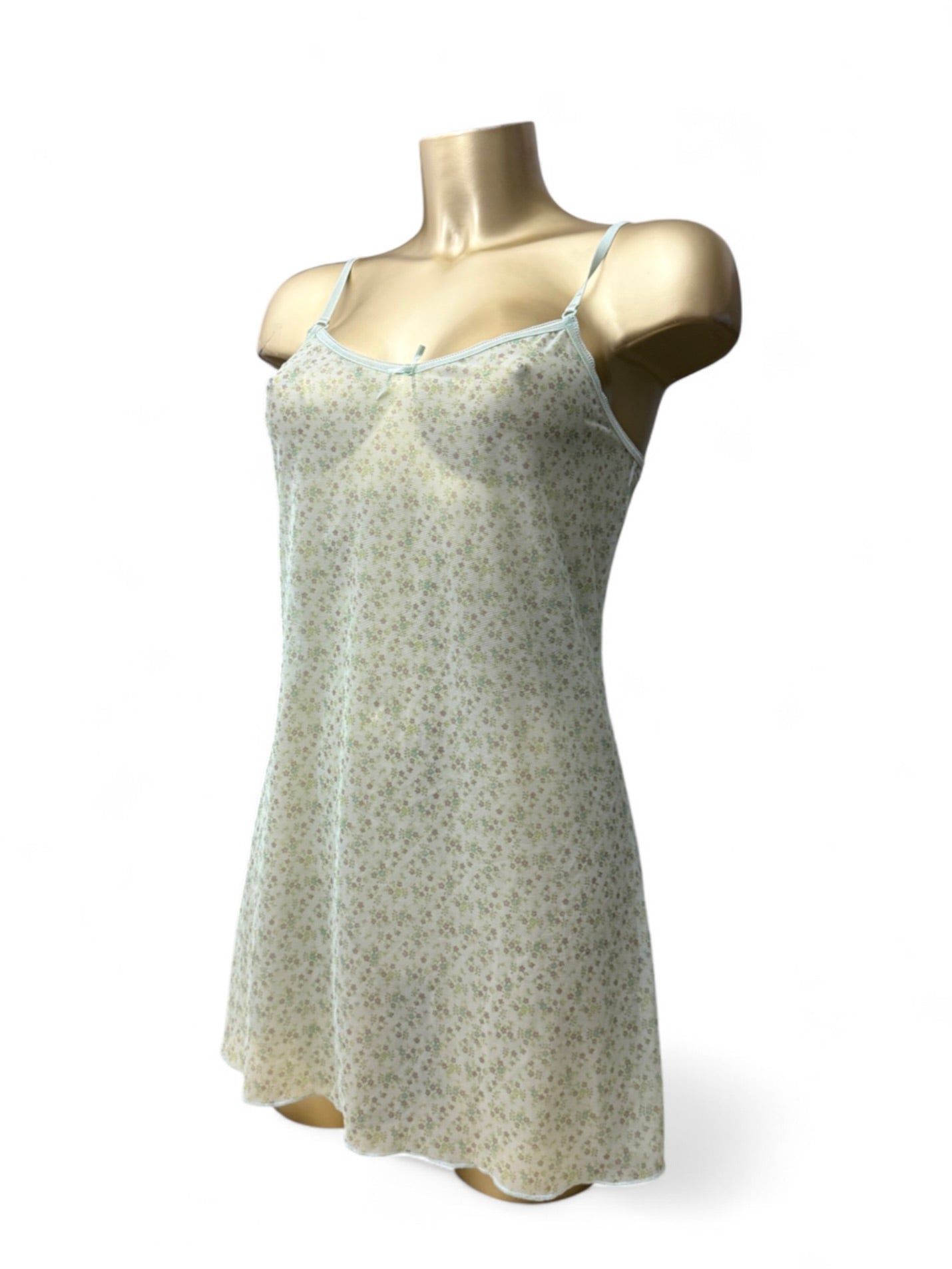 Green mesh floral print babydoll mini dress (S/M)